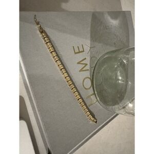 Gold Tone Crystal Link Bracelet Textured Block Style Fold Over Clasp Jewelry